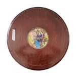 Round cast iron table with decorated wooden top