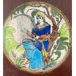 Round cast iron table with decorated wooden top