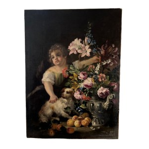 UNIDENTIFIED SIGNATURE, Allegory with a child, still life with flowers and fruit