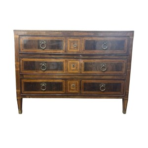 Elegant veneered and inlaid chest of drawers with geometric motifs