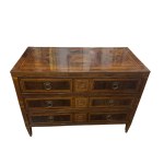 Elegant veneered and inlaid chest of drawers with geometric motifs
