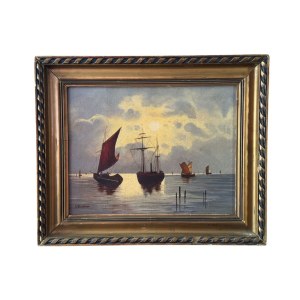 SCUOLA EUROPEA, Seascape with boats at sunset