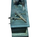 Pair of patinated bronze fireplace andirons depicting putti