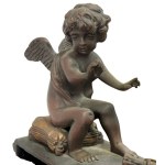 Pair of patinated bronze fireplace andirons depicting putti