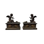 Pair of patinated bronze fireplace andirons depicting putti