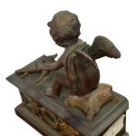 Pair of patinated bronze fireplace andirons depicting putti