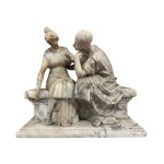 Two figures seated on a bench