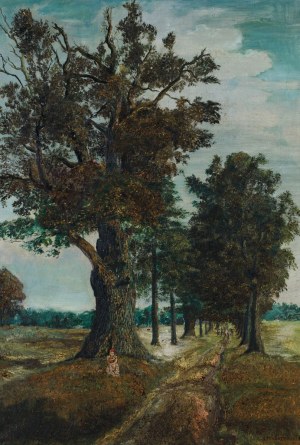 Jerzy TCHÓRZEWSKI, PEJZAŻ Z DROGĄ OBSADZONĄ LIPAMI, 1953Olej, płótno; 98 x 69 cmSygnowany p.d.: J.TCHÓRZEWSKI 53
