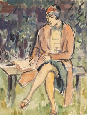 Zbigniew PRONASZKO, PORTRET ŻONY CZYTAJĄCEJ NA PARKOWEJ ŁAWCE, ok. 1925