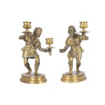 PAIR OF CANDLESTICKS IN THE SHAPE OF KNIGHTS, CAST BRONZE & CHISELED
