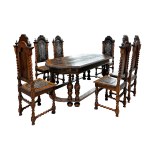 TABLE AND 6 ARMCHAIRS, WITH PEWTER INLAYS