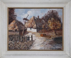 Wojciech RUTKOWSKI (ur. 1943), Wiejski pejzaż ze studnią i kapliczką