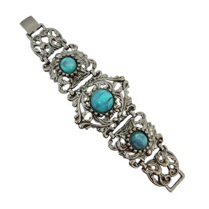 Silver (?) openwork vintage bracelet with imitation turquoise