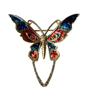 Versilberte Vintage-Brosche mit buntem Schmetterling