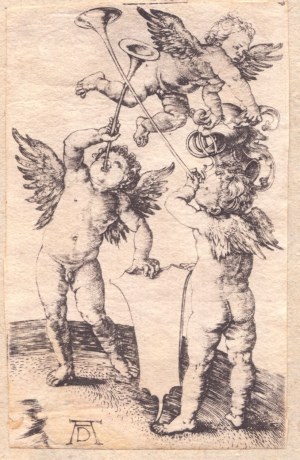 Albrecht Durer, Albrecht Durer Three putti with trumpets, shield and helmet,