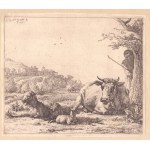 Karel Dujardin, Karel Dujardin Landscape with a flock and a shepherd behind a tree | Sleeping hunting dogs,