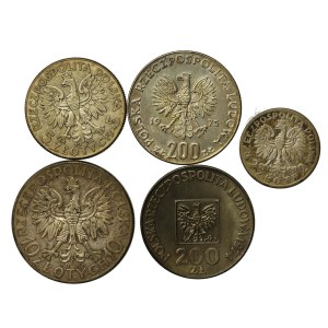 II RP/PRL, zestaw 2, 5, 10 i 200 złotych 1932-1975. Razem 5 szt. (678)