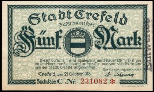 Deutschland. 1918 Crefeld 5 Mark