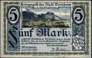 Deutschland. 1918 Weinheim 5 Mark