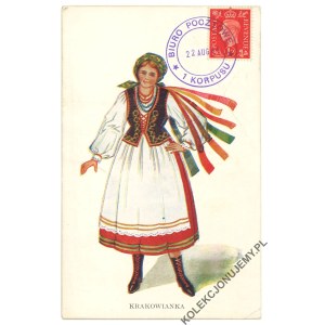 KRAKOWIAN. Polish National Costumes: An Opoczno District Girl [stamped by the 1st Corps Post Office].