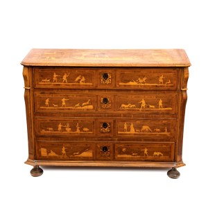 Walnut chest of drawers with figurative inlays - Piedmont, 18th century