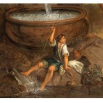 Francesco Zuccarelli (seguace di) (Pitigliano 1702 - Firenze 1788), Landscape with fountain, shepherds and flocks -