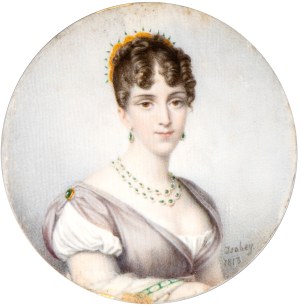 Jean Baptiste Isabey (Nancy 1767 - Parigi 1855), Portrait of a gentlewoman with emerald earrings and necklace -