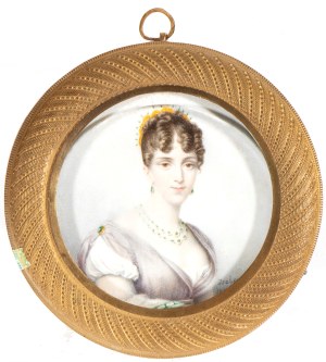 Jean Baptiste Isabey (Nancy 1767 - Parigi 1855), Portrait of a gentlewoman with emerald earrings and necklace -