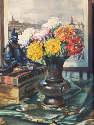 Teodor Grott (1884 Częstochowa - 1972 Kraków), Martwa natura z bukietem chryzantem