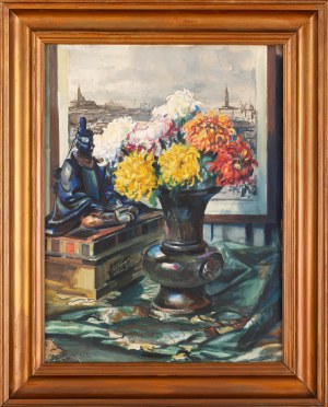 Teodor Grott (1884 Częstochowa - 1972 Kraków), Martwa natura z bukietem chryzantem