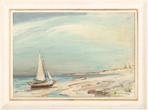 Marian Mokwa (1889 Malary - 1987 Sopot), Pejzaż nadmorski z łódką