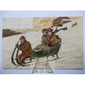 Giant Mountains, Riesengebirge, horned sledge, lithograph, 1907