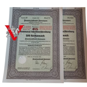Szczecin Stettin Pomeranian Bank 2 x 500 marks 1939 from one parcel- beautiful condition