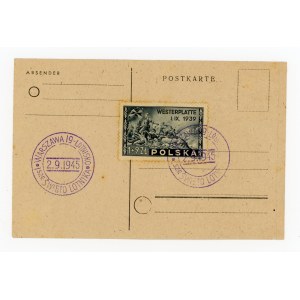 Westerplatte 1945, a stamp on a card stamped FIRST AIRMAN'S HOLIDAY IN REBIRTHEN POLAND (281)
