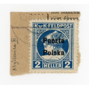 Myslenice, Austrian stamp for 2 h. on a clipping with local overprint, 1918. Issue III, type A (313)