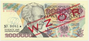 2 miliony złotych 1992 - WZÓR - B 0000000 - No.0163 - RZADKIE