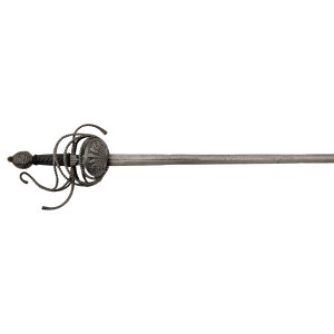 Rapier with belt basket and mussel guard