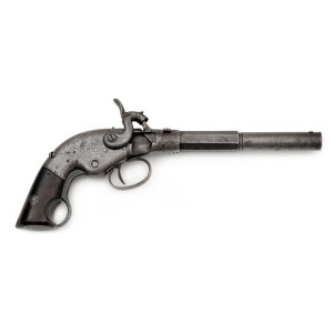 Rare percussion pistol, single-shot butt with sliding breech, William Walker Marston