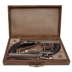 Pair of percussion pistols in cartridge, Houllier Blanchard