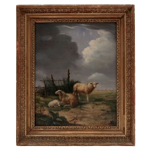Summer landscape with sheep family