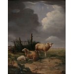 Summer landscape with sheep family