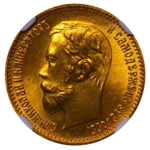Ruské impérium, 5 rubľov, rok 1902, (AR), NGC, MS 67+