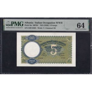 Albania, 5 Franga, 1939, Choice UNC 64