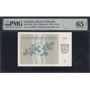 Lithuania, 3 Talonas, 1991, Gem UNC 65 EPQ