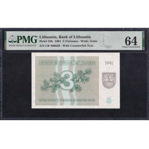 Lithuania, 3 Talonas, 1991, Choice UNC 64