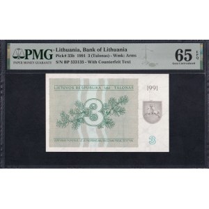 Litva, 3 Talonas, 1991, Gem UNC 65 EPQ