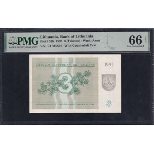 Litva, 3 Talonas, 1991, Gem UNC 66 EPQ