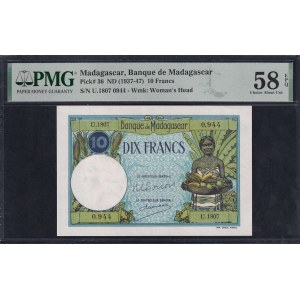 Madagaskar, 10 frankov, 1937-47, výber okolo UNC 58 EPQ