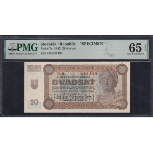 Slovensko, 20 korún, 1942, Gem UNC 65 EPQ, ''SPECIMEN''