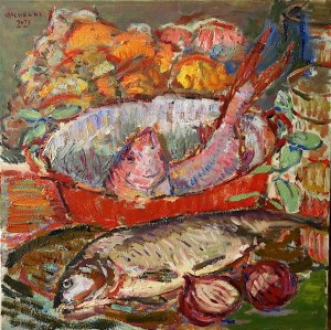 Piotr PACHECKI (ur. 1980), Martwa natura z dwoma rybami, 2025